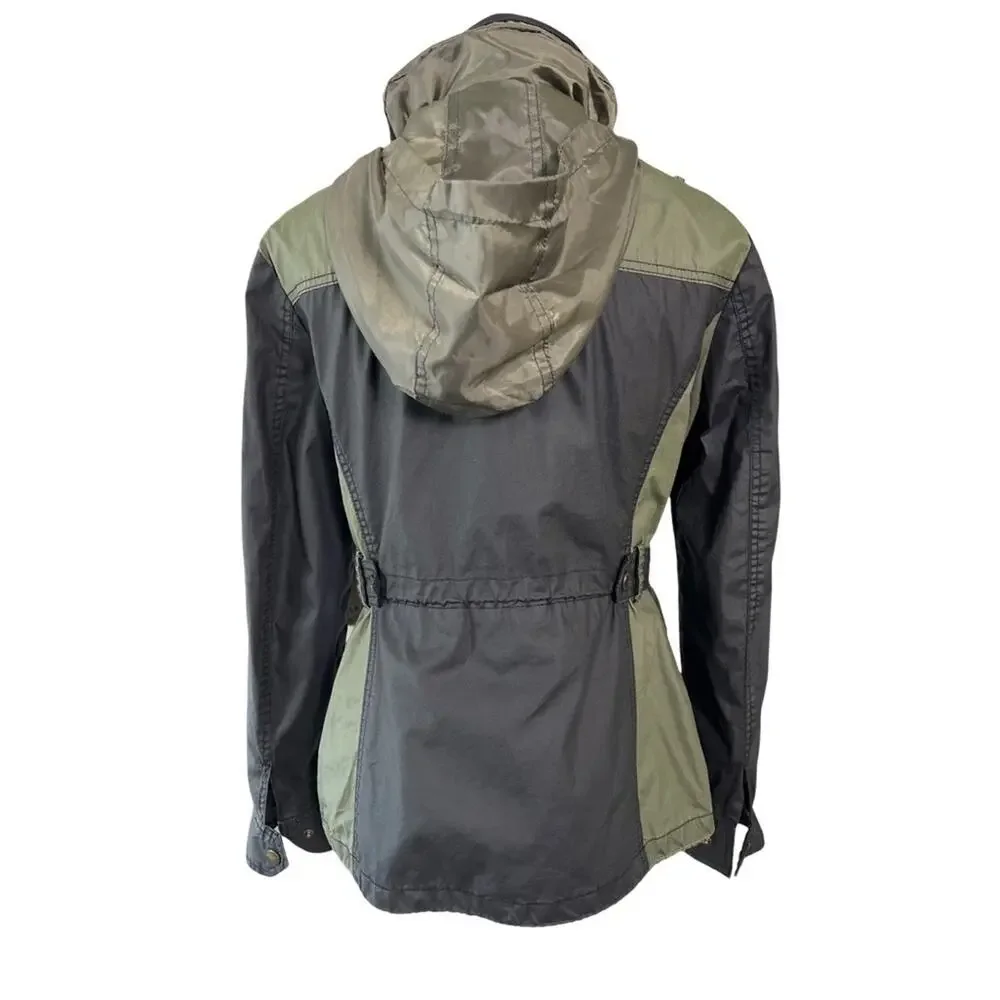 Michael Kors Green Black Utility Jacket Women’s Small Canvas Zip Hooded Casual